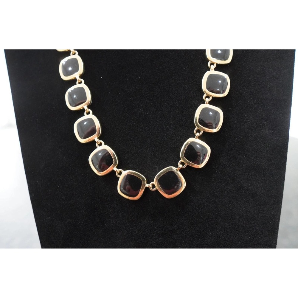 Black Enamel & Gold Tone Geometric Link Statement Necklace Modern Chic‎ Elegant